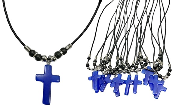 Blue Cat Eye Cross Pendant  Black Cord NECKLACE .