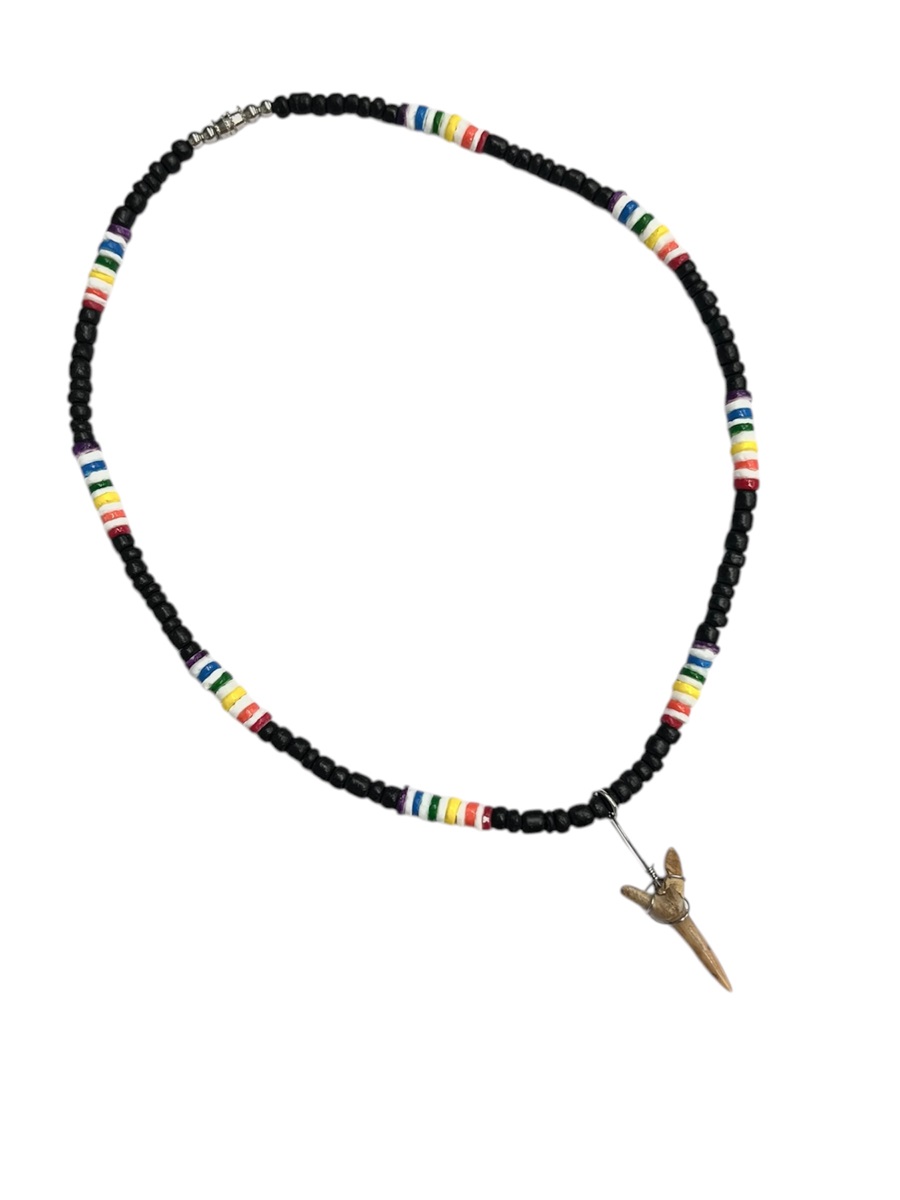 RAINBOW Black Coco With Real Fossil Sharks Tooth Pendant Necklace
