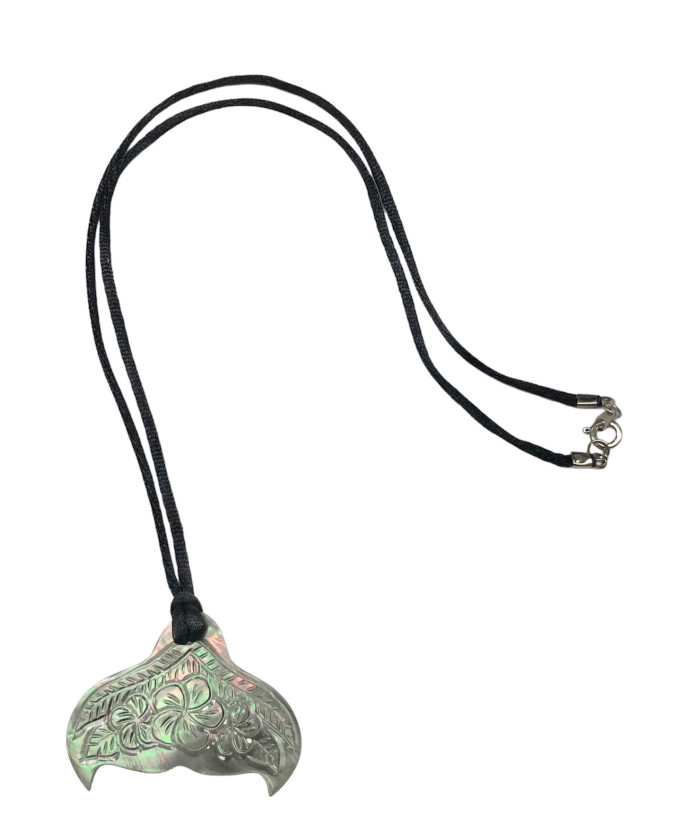 Mother Of Pearl Shell Whale Tail and FLOWERS Carved Necklace