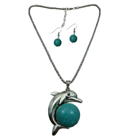 Dolphin Turquoise Pendant Necklace & EARRING Set