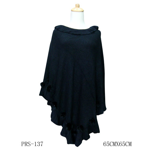 Black Winter PONCHO With Rabbit Fur