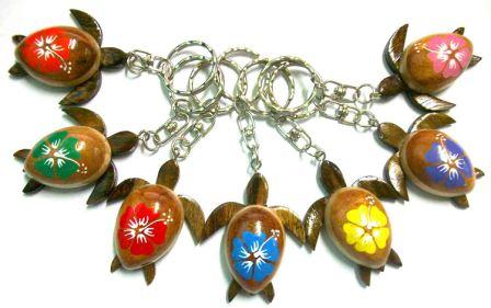 Wooden Turtle With Hibiscus FLOWER Key Chains