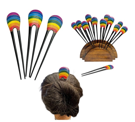 Wooden RAINBOW Hand Painted Hair Stick