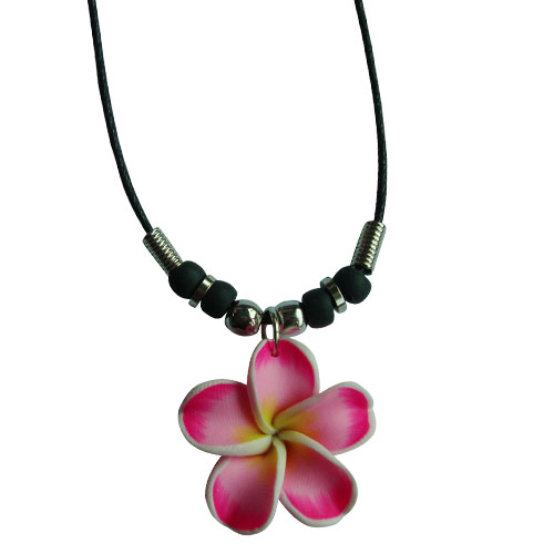 Pink Fimo Flower Black Cord NECKLACE