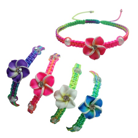 Single Fimo Flower Two Crystal Balls Neon Wax Cord BraCelet