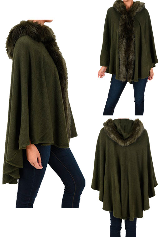 Olive Green Faux Fur Hoodie Poncho