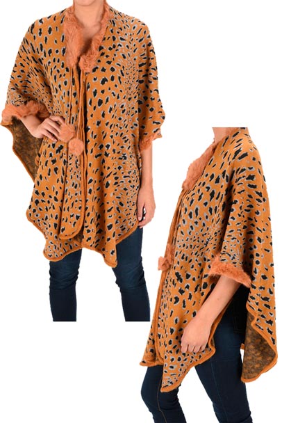 Camel/Black Rabbit Fur Leopard PONCHO