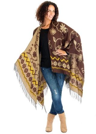 FLOWER Motif Winter Poncho (Brown/Camel)