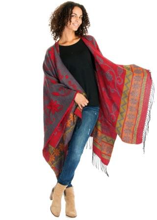 FLOWER Motif Winter Poncho (Grey/Red)