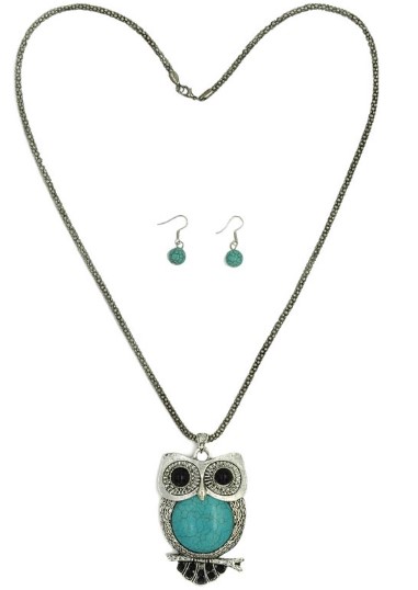 Turquoise Owl Pendant NECKLACE & Earring Set