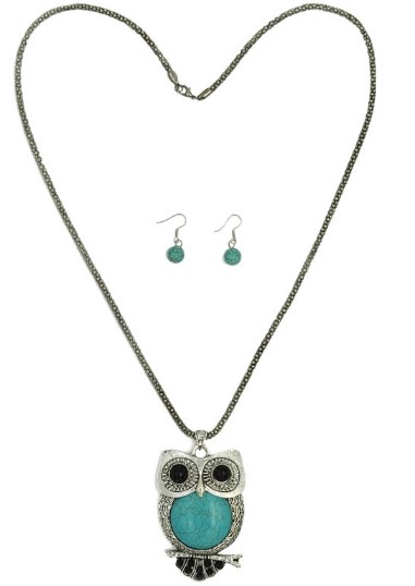 Turquoise Owl PENDANT Necklace & Earring Set