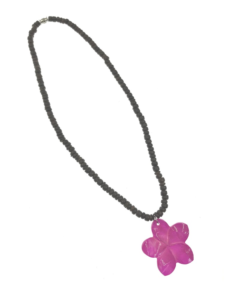 Brown Coconut With MOP Shell Hot Pink Flower Pendant NECKLACE