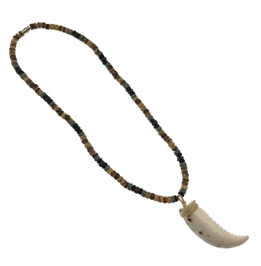 Brown Black Blue Tiger Coconut With Shell Tusk Pendant NECKLACE