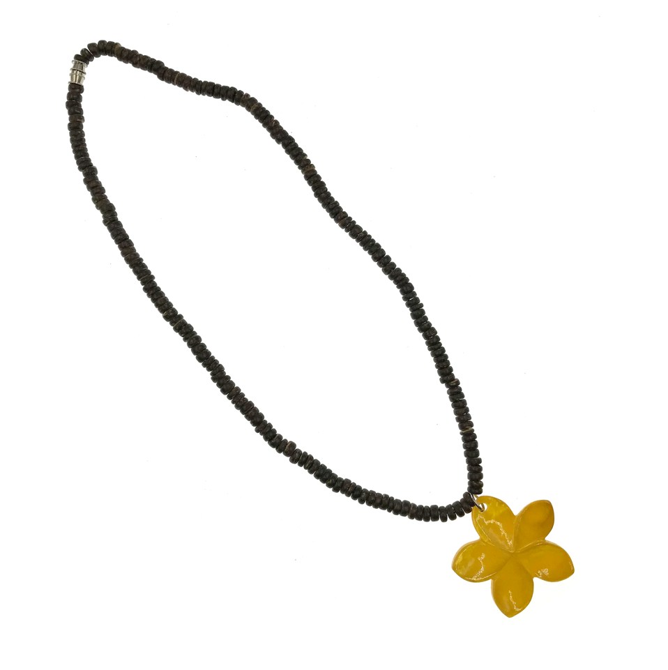 Brown Coconut With MOP Shell Yellow Flower Pendant NECKLACE