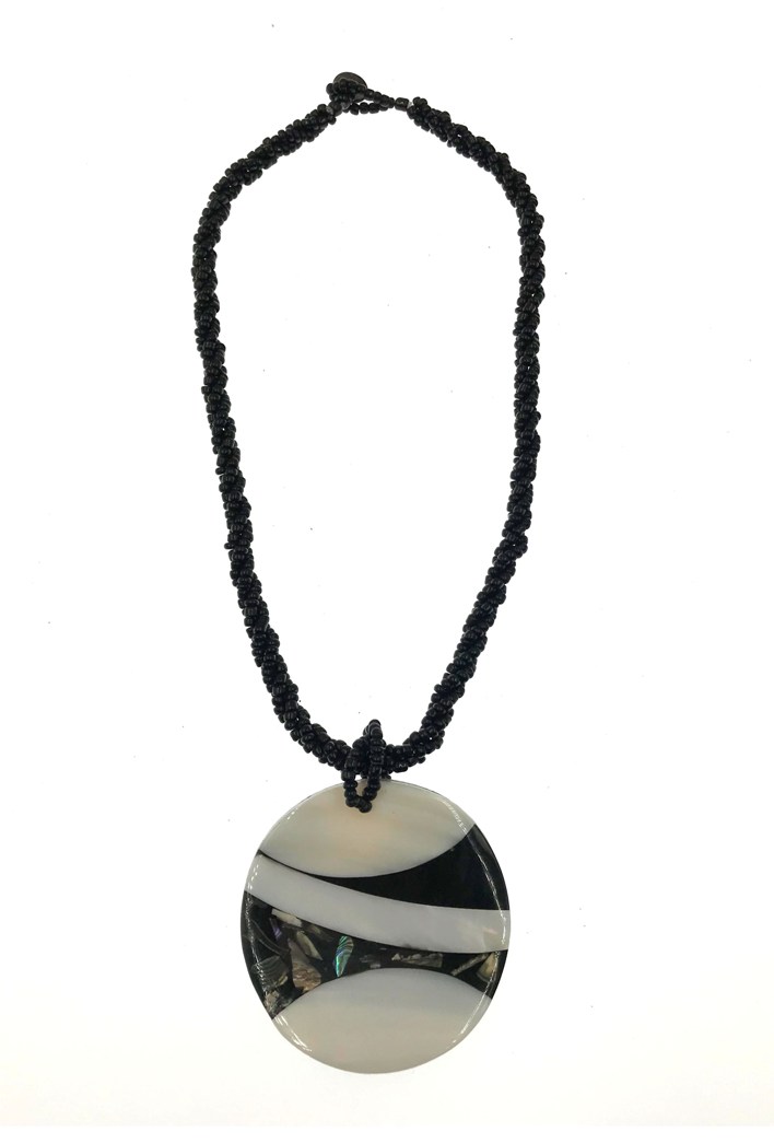 Paua Shell & Resin Round Pendant With Black BEADS Necklace