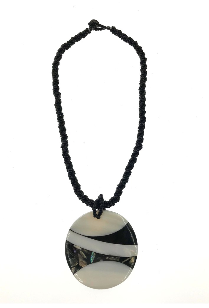 Paua Shell & Resin Round Pendant With Black Beads NECKLACE