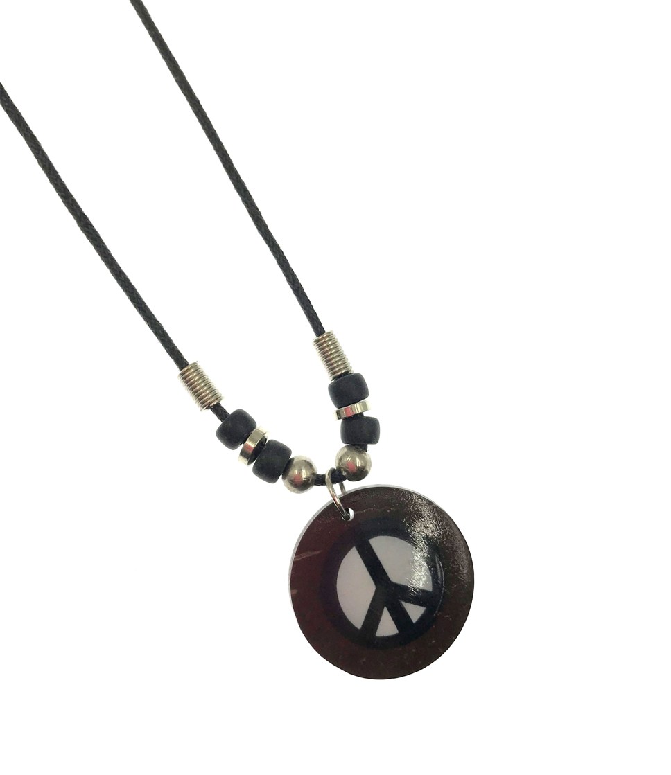 Coconut PEACE Sign Pendant With Black Cord Necklace