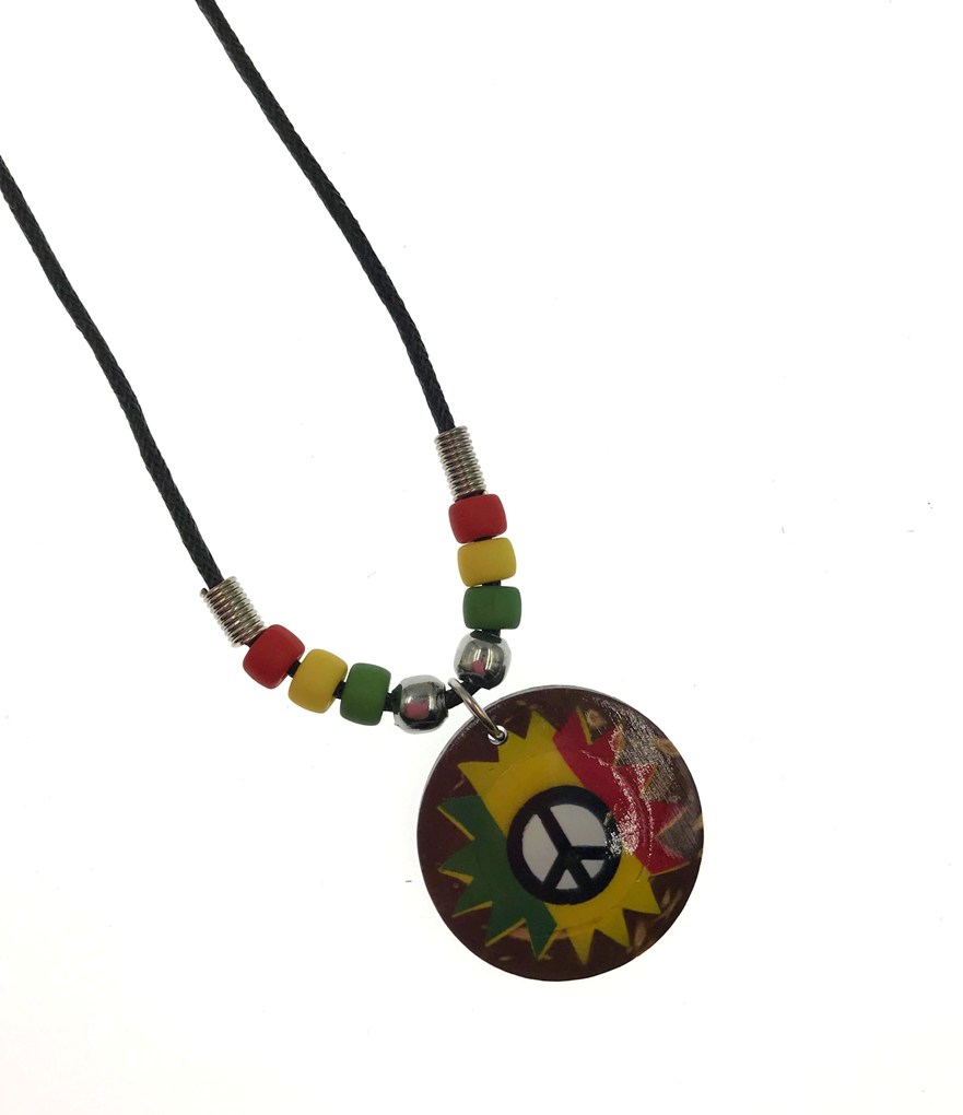 Coconut Rasta Peace Sign PENDANT On Rasta Black Cord Necklace