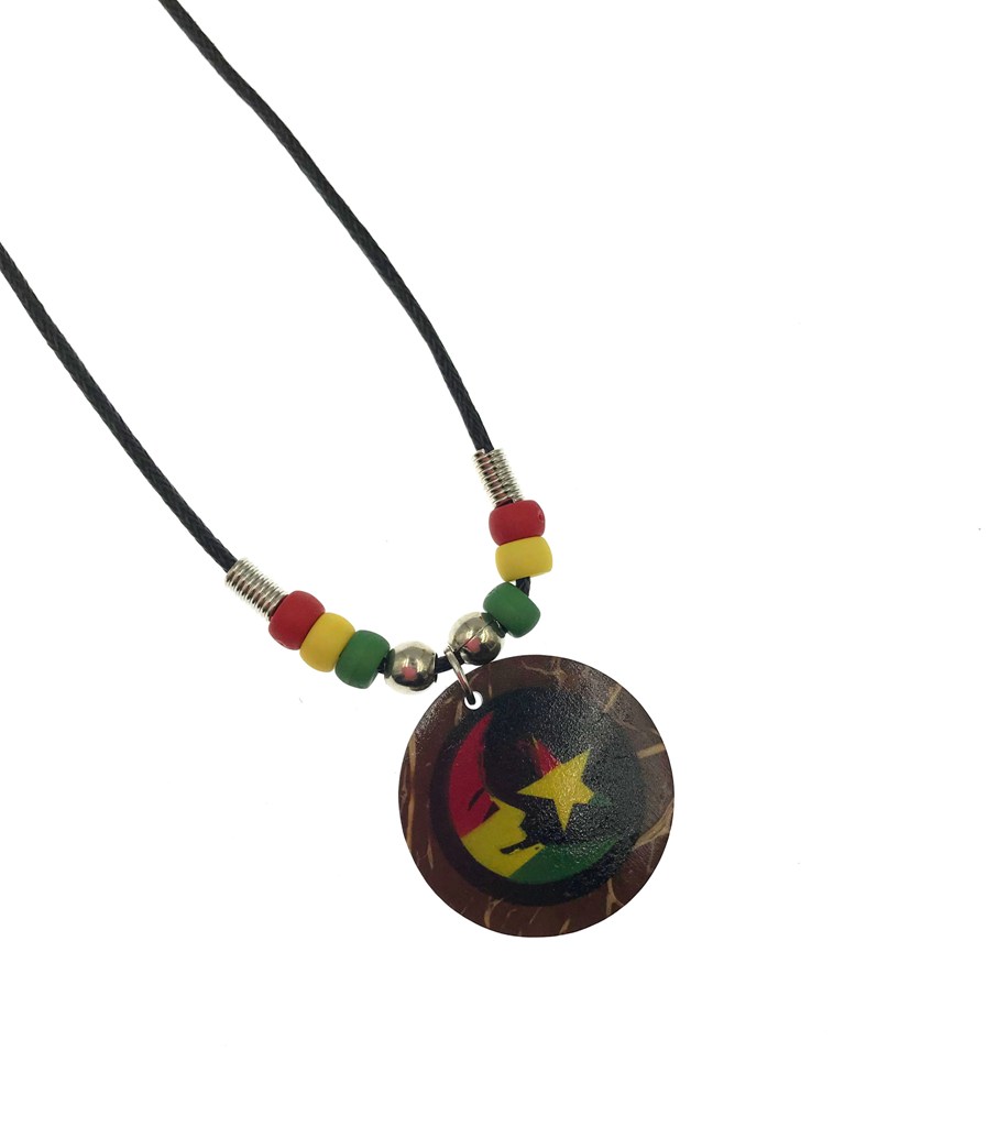 Moon & Star Rasta Coconut PENDANT With Rasta Black Cord Necklace