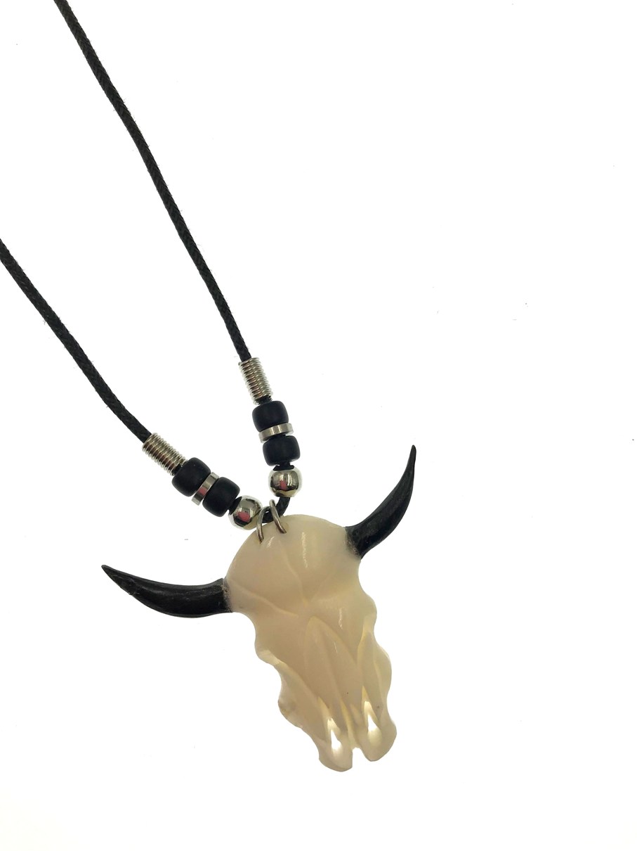 Bull Head Made Of Bone Pendant With Black Cord NECKLACE