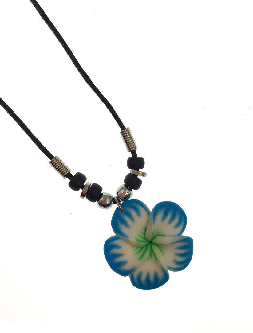 Blue Fimo Flower With Black Cord NECKLACE