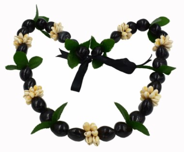 Black Kukui Nut With Leaves & Cowrie Shell Lei/NECKLACE