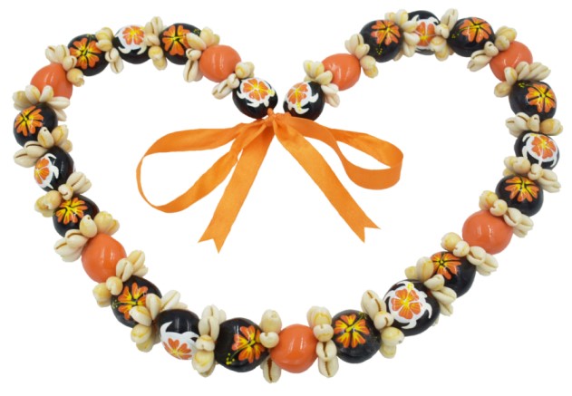 Cowrie Shell With Orange Hibiscus Turtle Kukui Nut Lei/Necklace