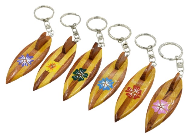 Wood Surfboard with Hibiscus KEYCHAIN