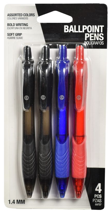 Assorted Color Ballpoint Soft Grip Pens - Pack of 4