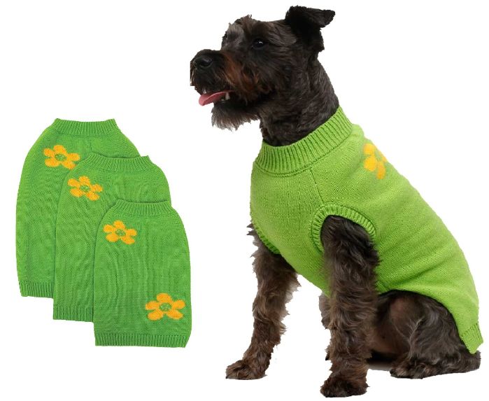 Green with Yellow FLOWERS Dog Sweater - Medium
