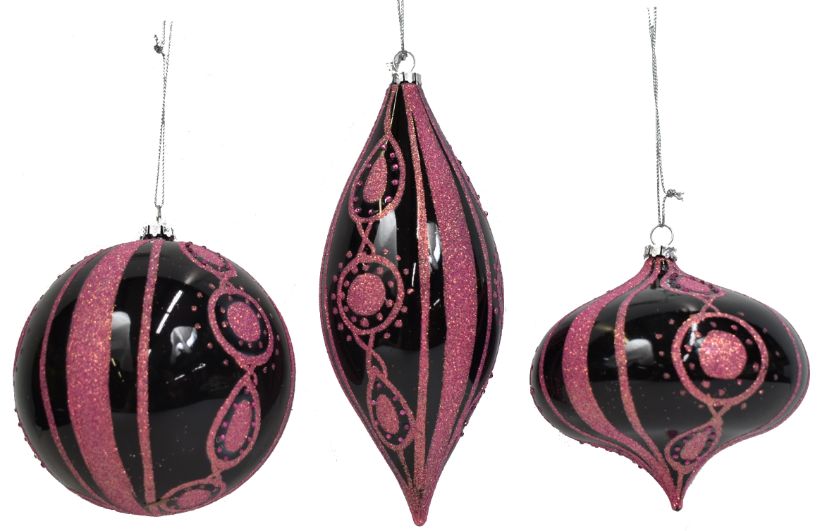 3 Assorted Shatterproof Ornaments - Black & Pink
