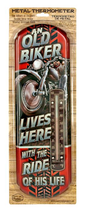''Old BIKER Lives Here'' Metal Thermometer