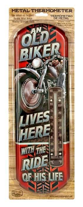 ''Old Biker Lives Here'' Metal Thermometer