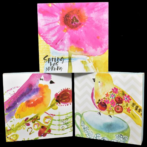 Bright Floral & Bird Block Dcor - 3 Assorted