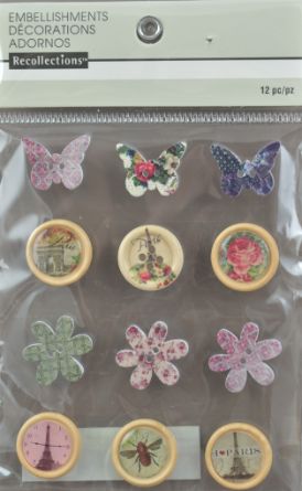 Assorted Paris Theme Button Embellishments - Pack of 12