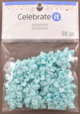 Turquoise SAtin RiBBon 5-PetAl Flower ACCessories - PACk of 50