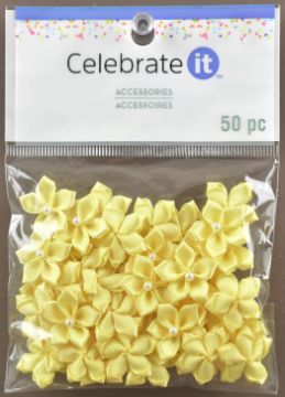 Yellow SAtin RiBBon 5-PetAl Flower ACCessories - PACk of 50