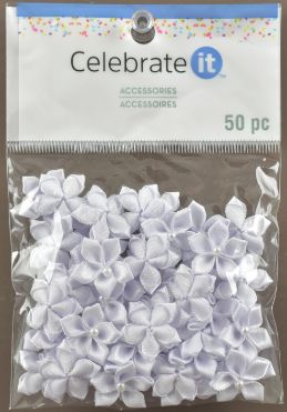 White SAtin RiBBon 5-PetAl Flower ACCessories - PACk of 50