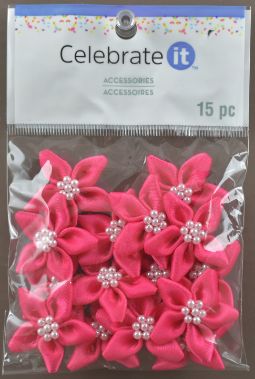 Hot Pink SAtin RiBBon 5-PetAl Flower ACCessories - PACk of 15
