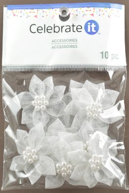 White Sheer Ribbon 5-Petal FLOWER Accessories - Pack of 10