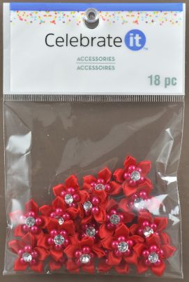 Red SAtin RiBBon Flower ACCessories - PACk of 18