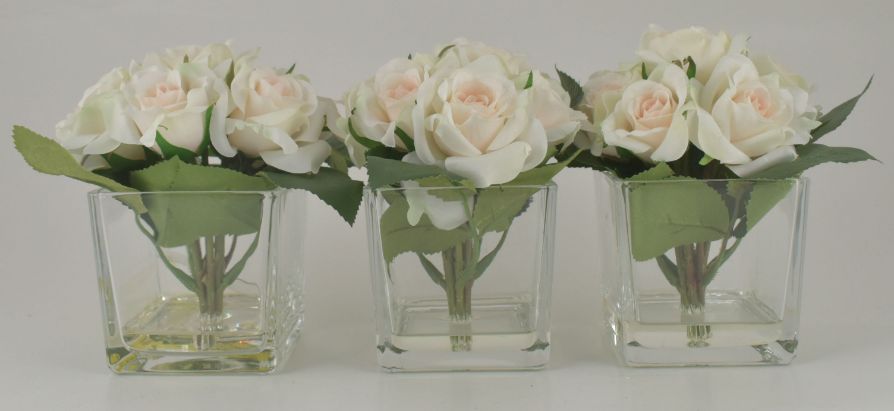 Cream/Light Pink Rose in Glass Cube - Set of 3