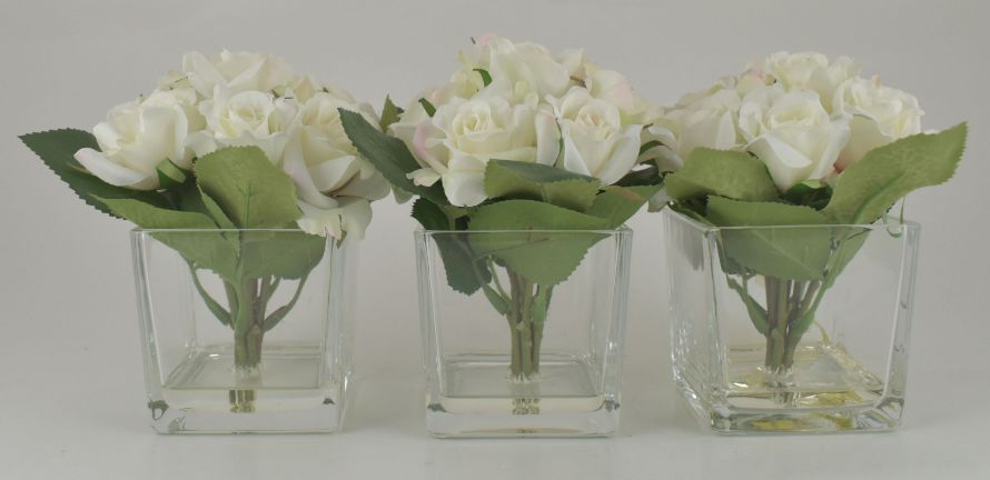 White Rose Bouquet in Glass Cube - Set of 3