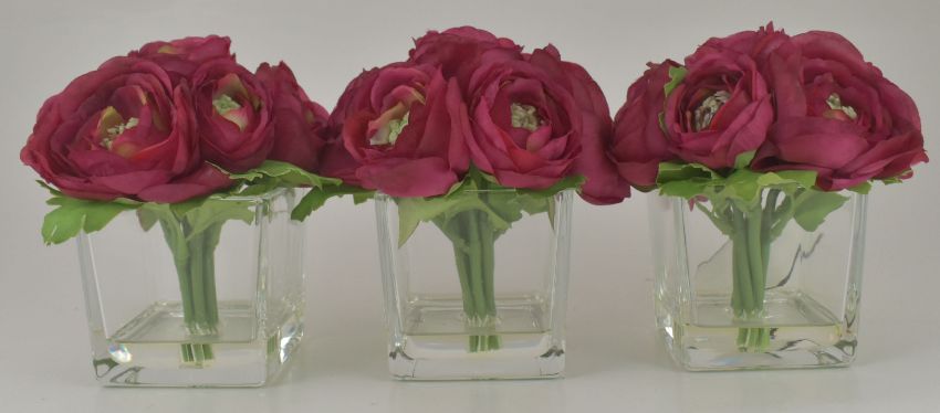 Berry Red Ranunculus in Glass Cube - Set of 3