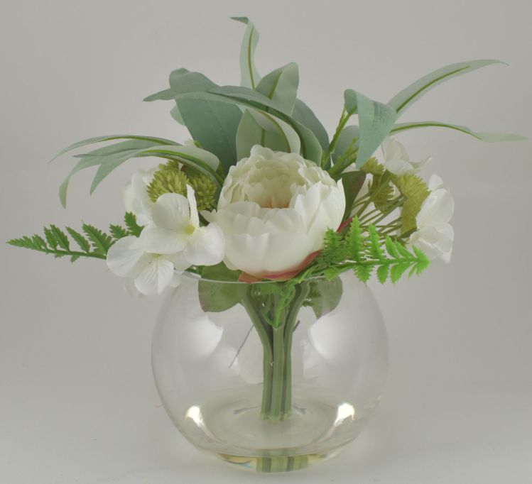 White Mix Peony Bouquet in Bubble Glass VASE