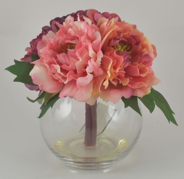 Wine/Coral/Mauve Hydrangea & Peony in Bubble Glass VASE