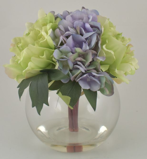 Light Green & Cream Hydrangea & Peony in Bubble Glass Vase