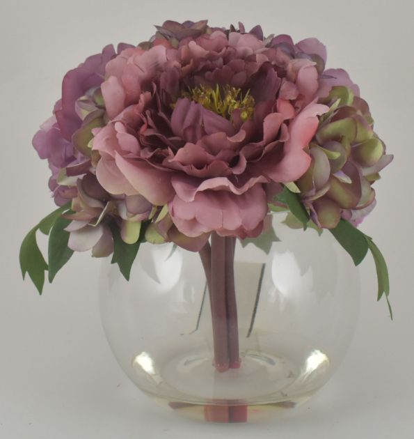 Plum Rose, Hydrangea & Peony in Bubble Glass VASE