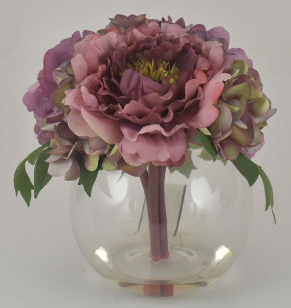 Plum Rose, Hydrangea & Peony in Bubble Glass Vase