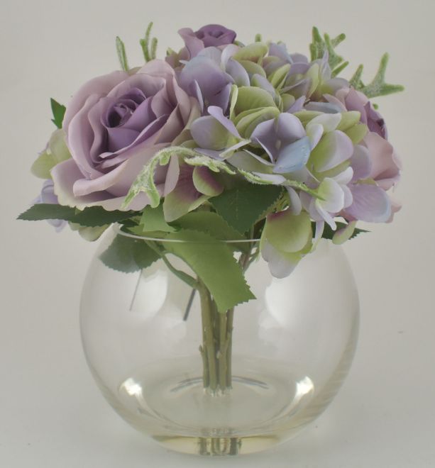 Hydrangea & Rose Bouquet in Bubble Glass Vase